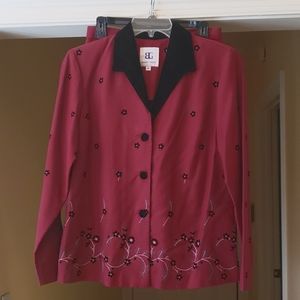 Bahari Group Ladies Red suit jacket and skirt set. Sz 14, velvet trim and detail